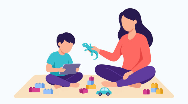 Mother and child playing with toys and tablet on the floor at home