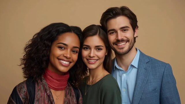 Smiling Diverse Adult Friends Group Portrait Posing Together in Warm Studio Background