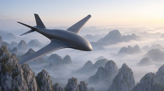 A futuristic dark drone flies over misty karst mountain peaks during sunrise.