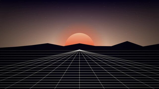 Seamless retro synthwave grid landscape with glowing sun looping background.