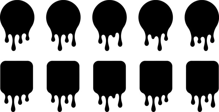 Dripping Ink and Paint Drip Silhouettes Set, Black vector collection of liquid drop and melt shapes for design elements.