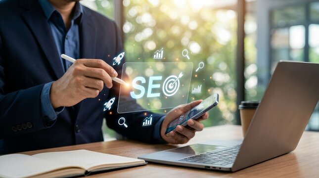 Business people using SEO tools to unlock online potential and boost visibility.