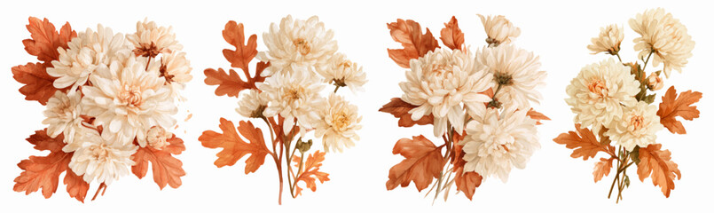 Naklejka premium Autumn chrysanthemums bouquet elements in vintage watercolor style creating seasonal floral arrangements with fall leaves and blooming plants on white background