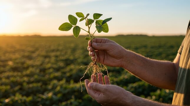 Agronomist holding a soybean plant and inspecting its roots in a cultivated field at sunset.