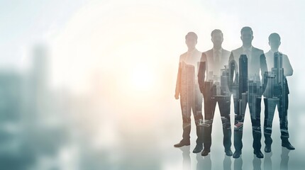 Fototapeta premium Four business professionals with cityscape double exposure, symbolizing corporate teamwork, urban growth, and the future of modern enterprise success