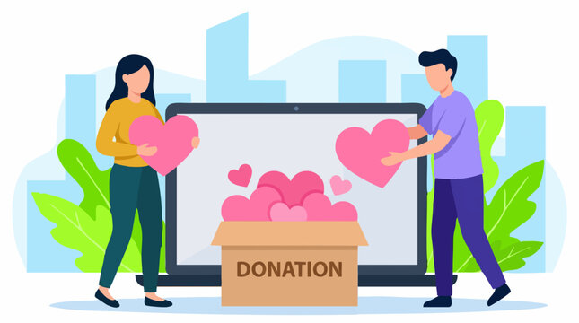 Online Donation and Charity Concept: People Giving Hearts to a Box