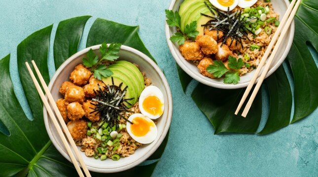 Two poke bowls with fried rice, chicken fillet, and eggs in an Asian food style.