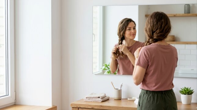 Woman braiding her brown hair while looking into mirror. Morning routine and personal grooming at home