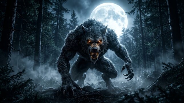 A large glowing wolf-like creature standing in the dark woods.