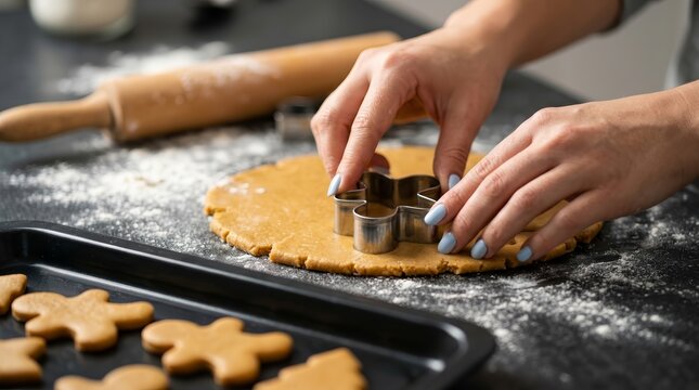 A woman cooking gingerbread man cookies using a metal cutter for a Christmas dessert.