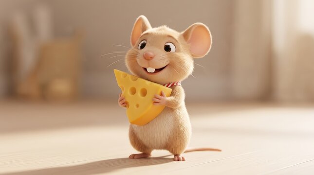 Cute cartoon mouse holding a piece of yellow cheese with holes.