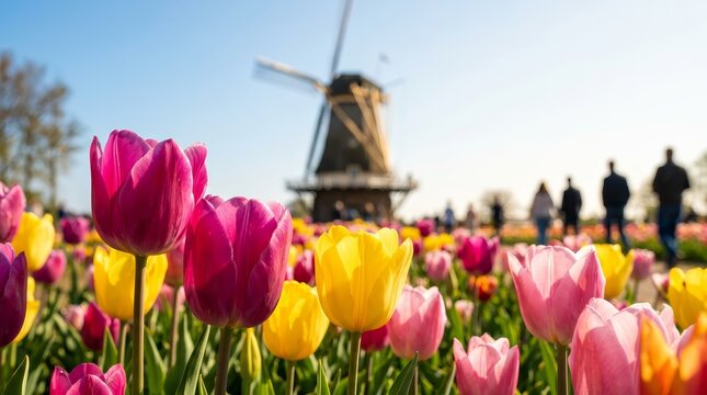 Beautiful garden with colorful tulips and a windmill in the background.