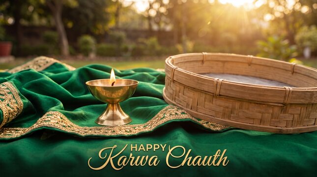 Karwa Chauth celebration with traditional lantern and candle on silk fabric for festive decoration and holiday spirit