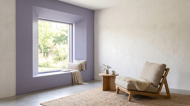 Contemporary interior design featuring a serene Japandi aesthetic in a minimalist living space with natural light