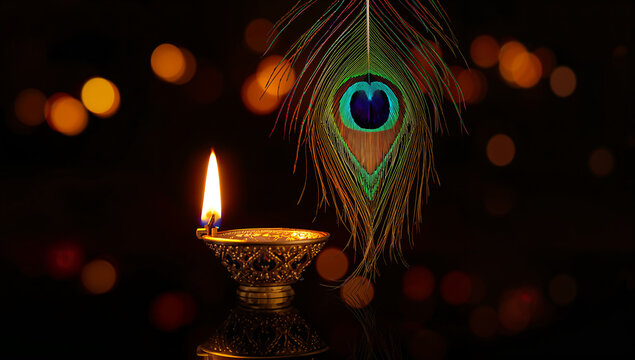 Lit brass diya oil lamp and peacock feather for diwali celebration with tradition celebration religion spirituality blessings festivities festival ornamental spiritual meditation homedecor