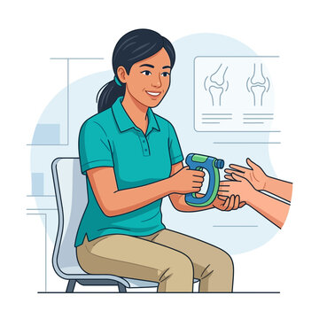 Physical Therapist Guides Patient Through Hand Grip Strength Exercise with Hand Gripper and Knee X-ray Background