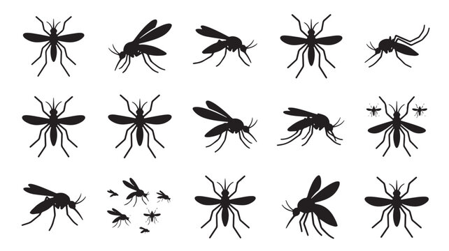 Black mosquito silhouette icons set, flying insect vector collection, parasitic pest graphics for healthcare and pest control