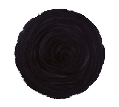 Round swatch of black paint, visible brush texture, swirl of brushstrokes. Circular textured strokes, reminiscent of a hand painted rose bud. Grunge motif design element, isolated. Hand drawn element