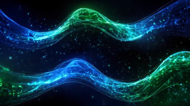 Abstract Blue Green Wave with Glowing Particle Flow Through Dark Space Background