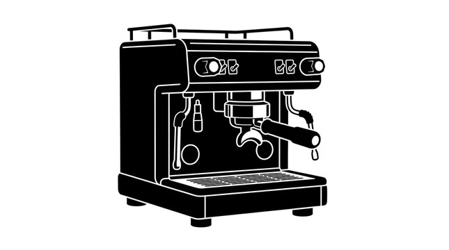 Black and white vector silhouette of a professional espresso coffee machine. Isolated on white background, perfect for cafe menus, logos, or barista designs.