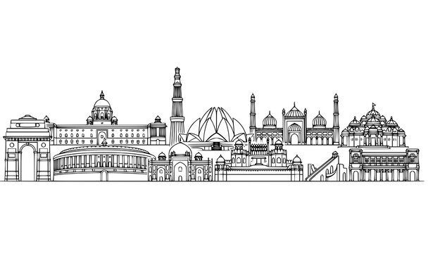 Delhi New Delhi skyline landmarks, India famous buildings black line art vector il
