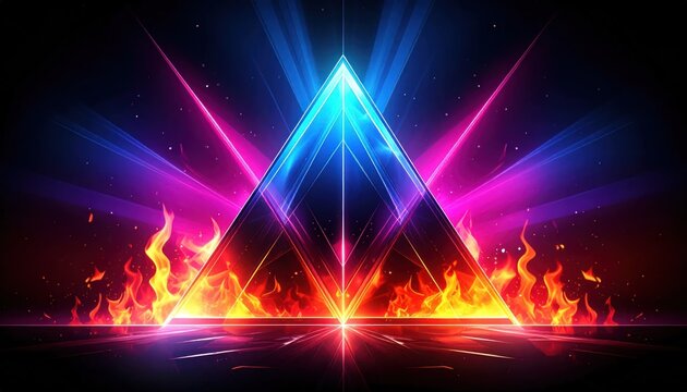 Futuristic neon pyramid light with intense fire floor effect.