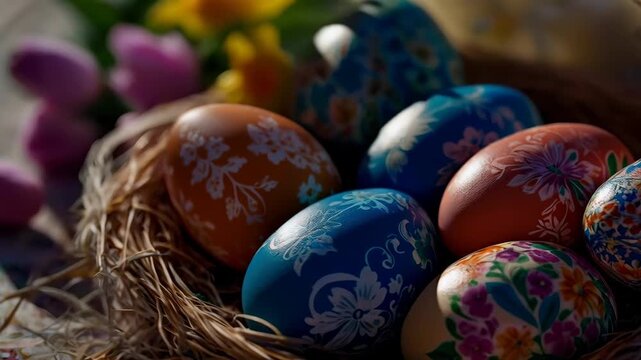 Decorated Egg in Rustic Nest with Colorful Egg Floral Pattern and Spring Flower Easter Celebration