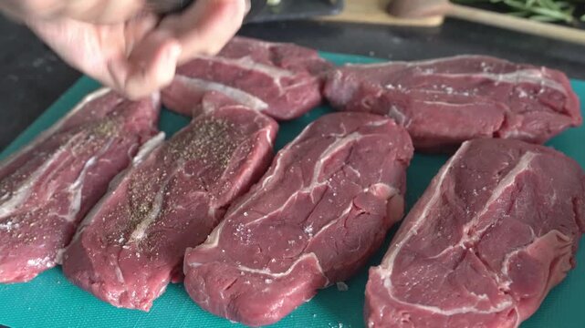 A woman sprinkles ground black pepper on beef steaks. The process of preparing meat for cooking.