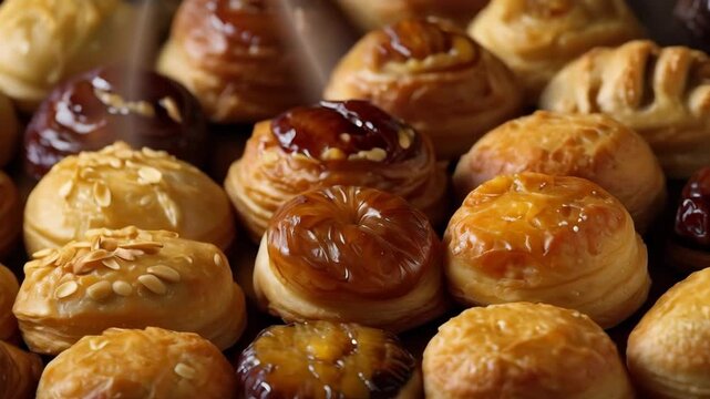 Golden pastry assortment with glossy fruit filling and golden flaky layered crust ornate serving
