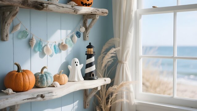 Coastal Halloween Window Corner with Sea-Inspired Pumpkin Decorations