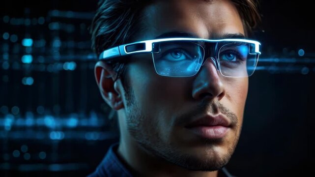 Futuristic Man Wearing Smart Glasses in Blue Technology Portrait Setting