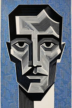 Geometric Linocut Male Portrait with Maze Pattern