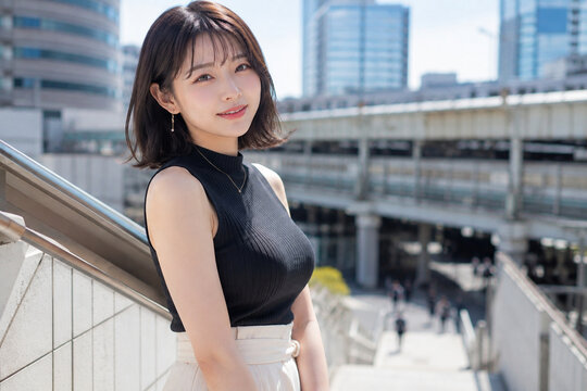 都市の高架通路で佇む黒いリブトップスと白いパンツの女性