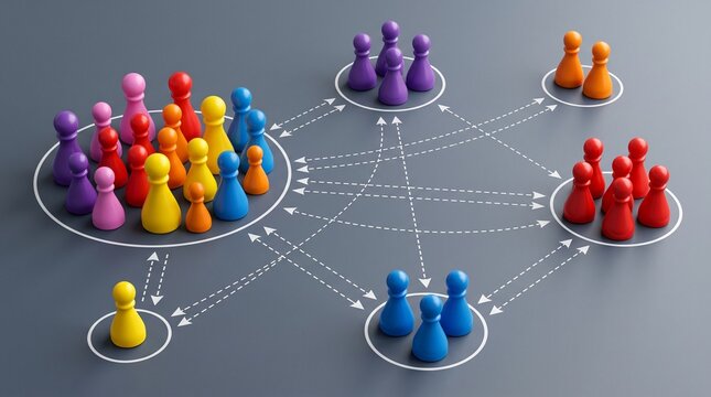 Concept of social network, demographic segmentation, and target audience targeting with colorful pioneer pieces