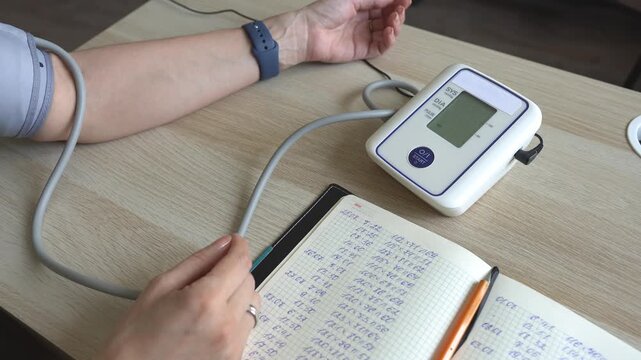 A woman measures her blood pressure using an automatic tonometer. The idea is to keep a blood pressure diary.