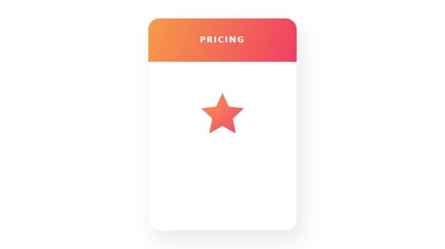 Minimalist pricing card animation with orange gradient header, animated star icon on white background, clean UI design for web apps