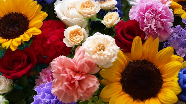 Cinematic horizontal pan of a colorful mixed floral arrangement featuring bright sunflowers, roses, and carnations