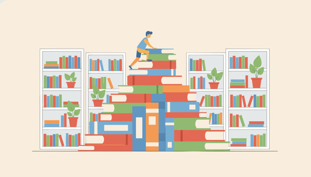 Tiny boy character climbs up a giant pyramid stack of colorful books with library bookshelves in the background.