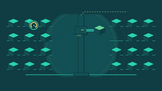 Abstract animated stacker crane stacking up drawn as cyan and teal lines and shapes on a deep dark background. Seamless looping 4K motion graphics video with free space for text, ideal for industry ex