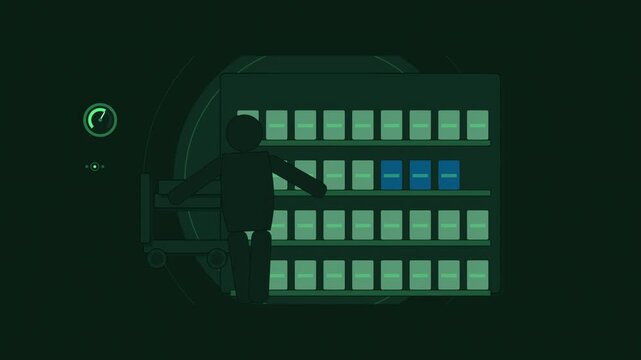 Abstract animated shelf being restocked drawn as green and teal lines and shapes on a deep dark background. Seamless looping 4K motion graphics video with free space for text, ideal for business prese