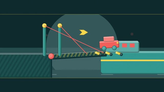 Abstract animated ferry linkspan lowering its ramp drawn as cyan and teal lines and shapes on a deep dark background. Seamless looping 4K motion graphics video with free space for text, ideal for indu