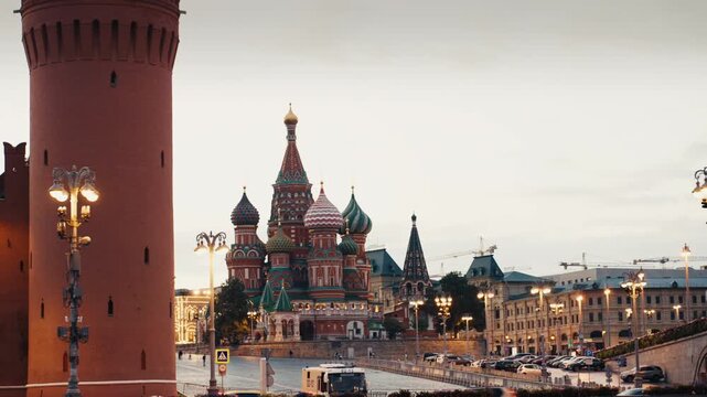 Moscow kremlin wall revealing saint basil's cathedral at dusk