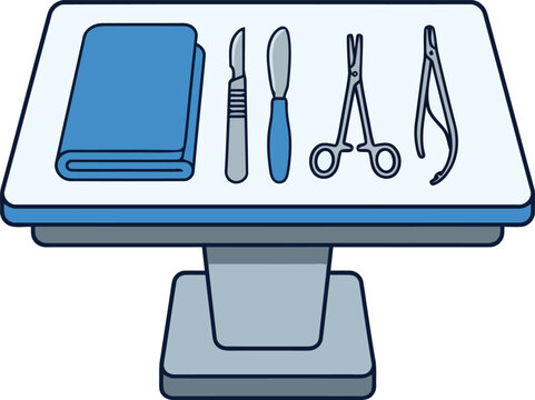 Medical tool equipment setup for a surgical procedure, depicted in a clean flat vector style illustration for healthcare environments.