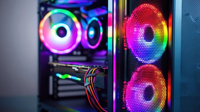 Close Up View of Modern Custom Gaming PC Hardware Inside Glass Case with Glowing Rainbow RGB Fans and Graphics Card