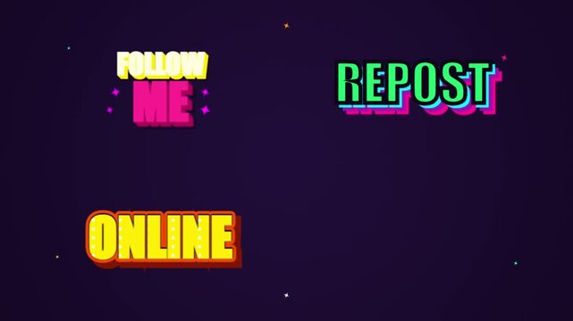 Retro social media call to action stickers, vibrant 3D follow me and repost text, neon online typography for video editing
