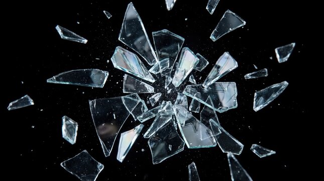 Shattered glass shards exploding and scattering in midair on a black background