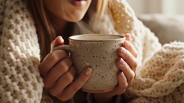 Woman drinking hot tea from speckled mug wrapped in knit blanket. Cozy winter lifestyle and flu relief concept