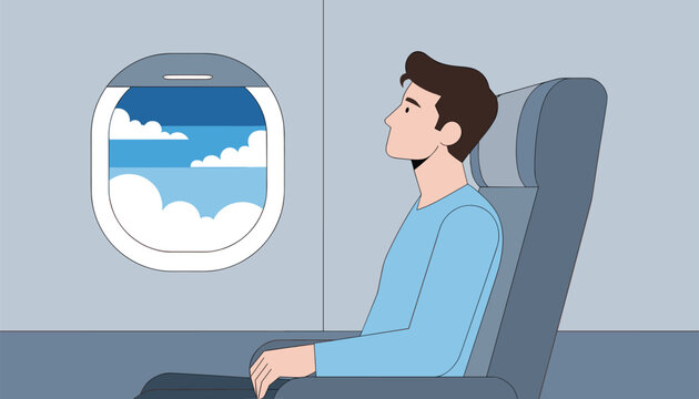 Male passenger sitting inside a plane cabin and looking out of the window at the beautiful blue sky and clouds.