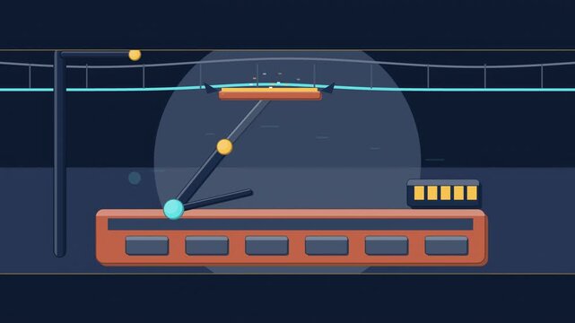 Abstract animated tram pantograph drawn as blue and cyan lines and shapes on a deep dark background. Seamless looping 4K motion graphics video with free space for text, ideal for industry explainers, 