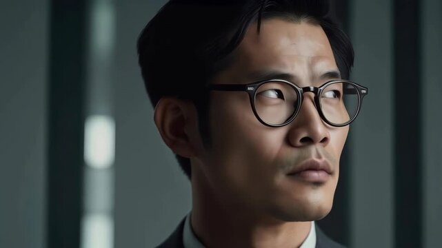 Asian Adult Man Wearing Eyeglasses in Serious Dramatic Dark Studio Portrait Lighting